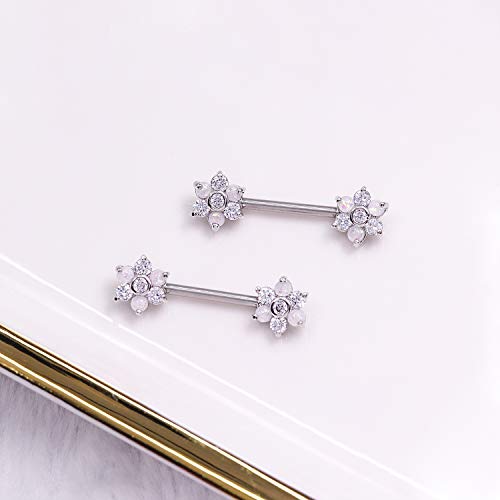 14G Opal Flower CZ Nipple Barbell Nipple Ring Piercing Jewelry for Women - color: silver cz