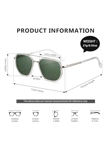 kimorn Women's Square Aviator Sunglasses, Polarized UV400 Pretecion | Retro Frame Shades, Small-Medium Fit, Driving, Beach, Daily Wear - color: Clear Green