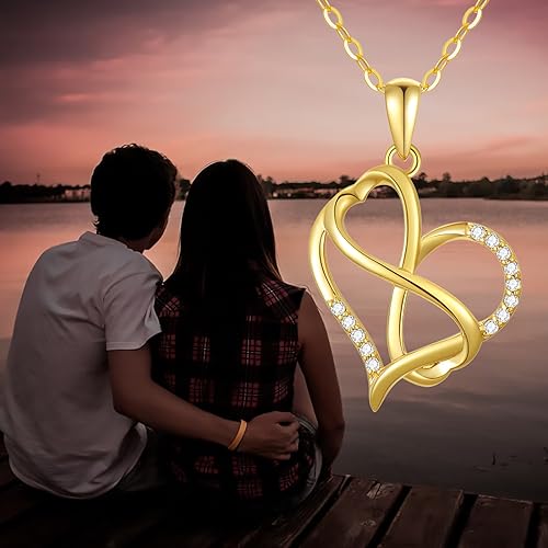 SISGEM 14K Real Gold Heart Necklace for Women,Yellow Gold Love Pendant Necklace Triple Hearts Jewerly Gifts for Birthday Anniversary 16+1+1 inch - color: Heart Infinity-2