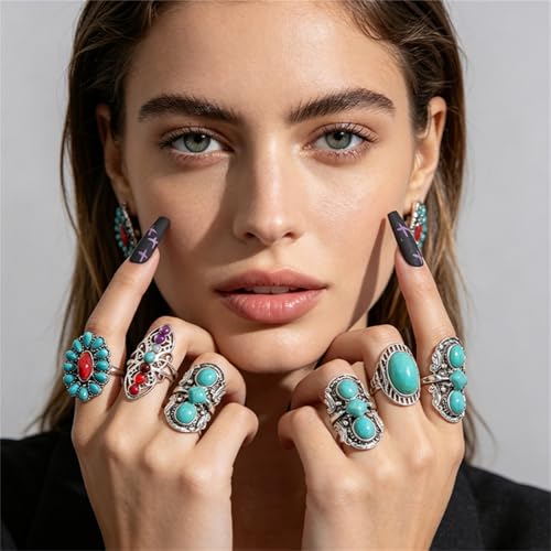 4 Pieces Vintage Turquoise Rings Set for Women Bohemian Western Natural Turquoise Geometric Flower Rings Retro Western Style Country Concert Jewelry Gifts