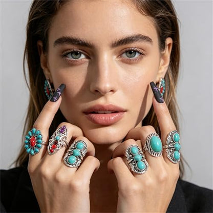 4 Pieces Vintage Turquoise Rings Set for Women Bohemian Western Natural Turquoise Geometric Flower Rings Retro Western Style Country Concert Jewelry Gifts