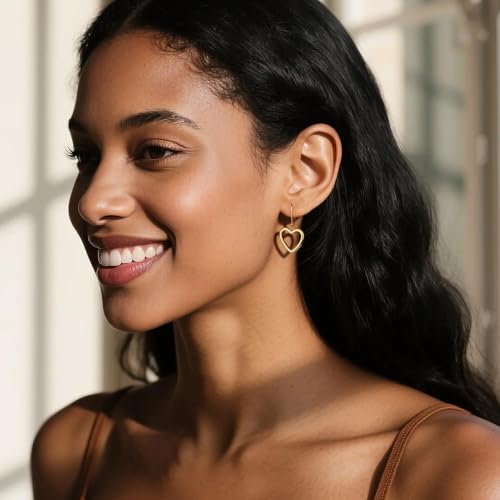 14K Gold Plated 925 Sterling Silver Openwork Love Heart Dangle Earrings, Leverback Huggie Hoop Hypoallergenic Trendy Earrings for Women - color: 14K Gold-B