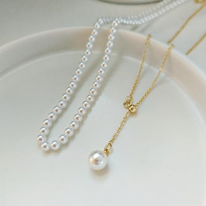Luxval Lariat Gold Necklace for Women, Dainty Long Necklace 14k Gold Plated/Silver Y-Shaped Pendant Necklaces Trendy Beaded Chain Drop Necklaces Jewelry for Women Gifts - color: Gold-adjustable Pearl