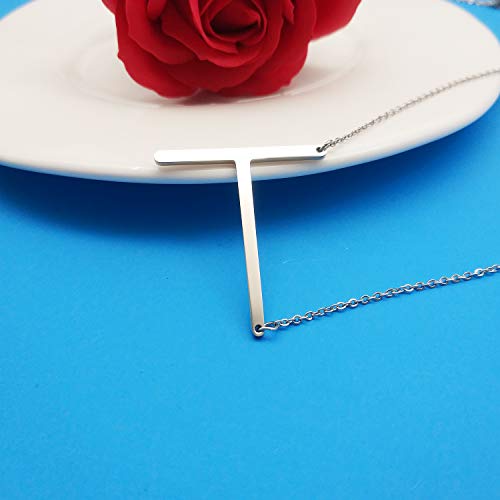 MOMOL Sideways Initial Necklace 18K Gold Plated Stainless Steel Large Big Letters Pendant Necklace Script Name Monogram Necklaces for Women - color: T