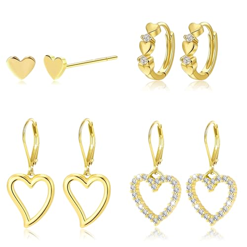 14K Gold Plated Heart Earrings for Women, Heart/Flower/Bow/Pearl Earrings Drop Stud Huggie Hoop Earring Hypoallergenic Earrings Christmas Earrings Festival Party Jewelry Gifts for Women - color: Gold-Heart