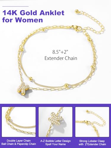 Richsteel Initial Ankle Bracelets for Women Waterproof, 14K Gold Plated/Silver Stainless Steel Anklets, Dainty Adjustable Layered Anklets with Bubble Letter, Non Tarnish Summer Beach Jewelry with Gift Box - color: J-Gold-Plated