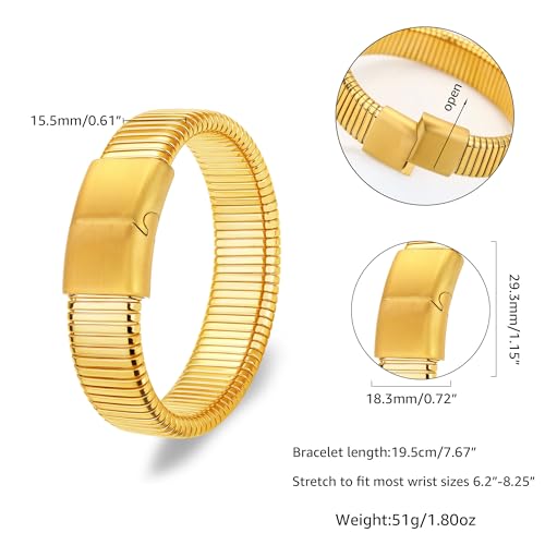 Gold Chunky Stretch Snake Chain Bangle Bracelets Stack for Women Trendy, 18K Gold Filled Stainless Steel Stretchy Womens Stackable Wristband Bangles Bracelet Set - style: 1PC 16MM