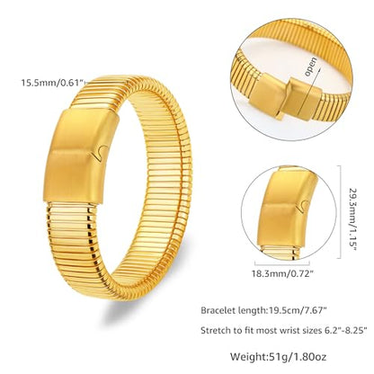 Gold Chunky Stretch Snake Chain Bangle Bracelets Stack for Women Trendy, 18K Gold Filled Stainless Steel Stretchy Womens Stackable Wristband Bangles Bracelet Set - style: 1PC 16MM