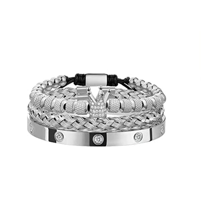 WFYOU 3PCS Stainless Steel Imperial Crown Bracelets for Men Gold Roman Numeral Bangle Bracelet Adjustable Cuff Bracelet Mens Luxury Jewelry Gifts - style: 01:Silver-Cubic Zirconia