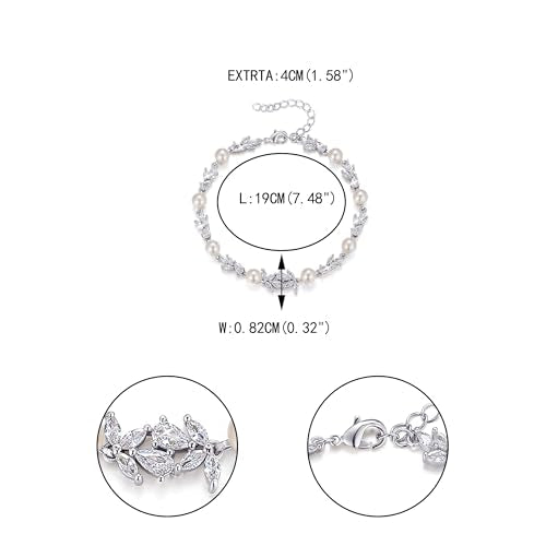 EVER FAITH Gorgeous Cubic Zirconia Pearl Wedding Link Bracelet for Bride | Marquise Teardrop Crystal Bridal Prom Jewelry, for Women Bridesmaids - style: Leaf_Clear Silver-Tone