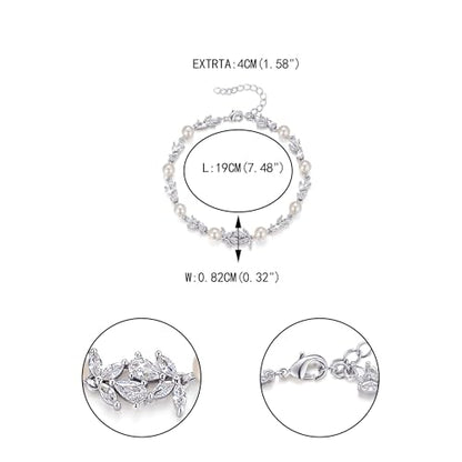 EVER FAITH Gorgeous Cubic Zirconia Pearl Wedding Link Bracelet for Bride | Marquise Teardrop Crystal Bridal Prom Jewelry, for Women Bridesmaids - style: Leaf_Clear Silver-Tone