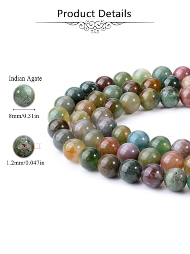 Jovivi 8mm Natural Indian Agate Gemstone Beads for Jewelry Making,96pcs | Energy Healing Crystals Polished Round Smooth Stone Beads,Genuine Real Stone Beads for Bracelet Necklace - color: Indian Agate