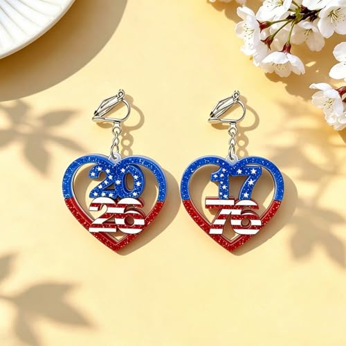 4th of July Independence Day Clip on Earring for Women American Flag Dangle Earrings Patriotic Red White Blue USA Earring, Pave Crystal Stud - color: red heart
