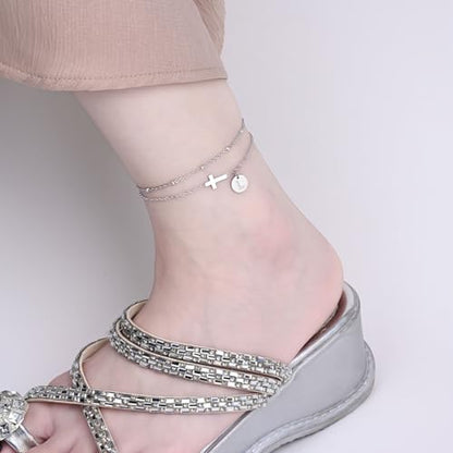 Gold Cross Ankle Bracelets for Women | Anklets for Women Waterproof with Initial Charm (A-Z) | Non Tarnish Summer Beach Jewelry Gifts for Her - color: Silver L