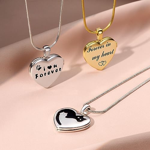 Fanery Sue Personalized Pet Locket Picture Necklace,Dog Cat Memory Gift | Custom Engraved Heart Photo Lockets Necklaces,Dog Cat Sympathy Memorial Jewelry for Women Men - color: Sliver, style: 2 Cats