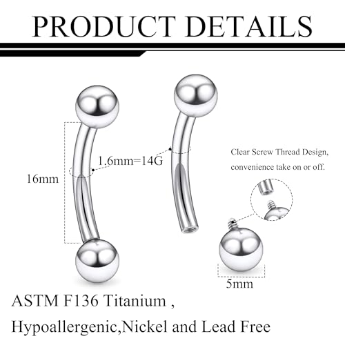 Ruifan 20g 18g 16g 14g 12g 8g 6g 4g 2g Rook Piercing Jewelry Titanium Internally Threaded Curved Barbell Eyebrow PA Tragus Helix Conch Lobe Earrings Lip Rings Body Piercing Jewelry For Women Men - size: 14G - 16mm Ball