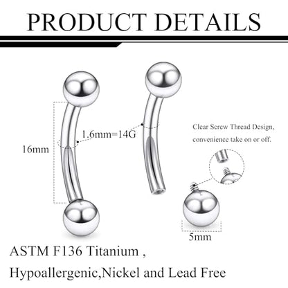 Ruifan 20g 18g 16g 14g 12g 8g 6g 4g 2g Rook Piercing Jewelry Titanium Internally Threaded Curved Barbell Eyebrow PA Tragus Helix Conch Lobe Earrings Lip Rings Body Piercing Jewelry For Women Men - size: 14G - 16mm Ball