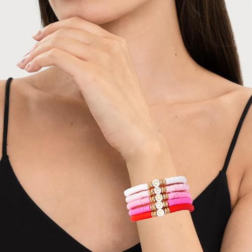 Summer Surfer Heishi Bracelet Set for Women Stackable Gold Plated Clay Ploymer Bead Stretch Pink Beach Layering Bracelets Jewelry - color: A-Love 5pcs