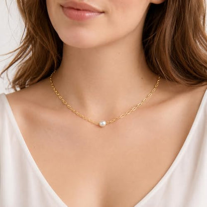 Pearl Necklaces for Women Trendy, Dainty Beaded Choker Necklace, 14K Gold Plated Station Chain, Simple Layering Wedding Prom Jewelry Gift - color: Gold Paperclip Pearl