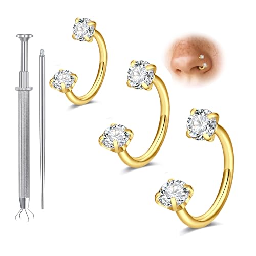 Longita 20g Nose Rings Hoop L Shape Nose Studs Stainless Steel Nose Screw Bone Flat Top Diamond Opal Heart High Nostril Piercing Jewelry Silver Rose Gold Black Pack for Women Men - color: C6- Horseshoe Ring 18g 6/7/8mm- gold 3pcs