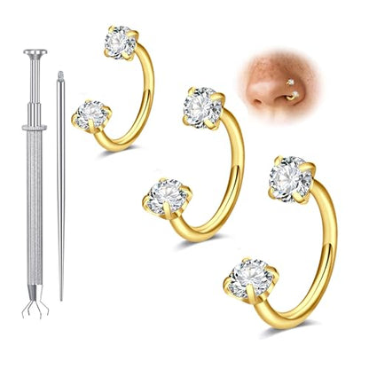 Longita 20g Nose Rings Hoop L Shape Nose Studs Stainless Steel Nose Screw Bone Flat Top Diamond Opal Heart High Nostril Piercing Jewelry Silver Rose Gold Black Pack for Women Men - color: C6- Horseshoe Ring 18g 6/7/8mm- gold 3pcs