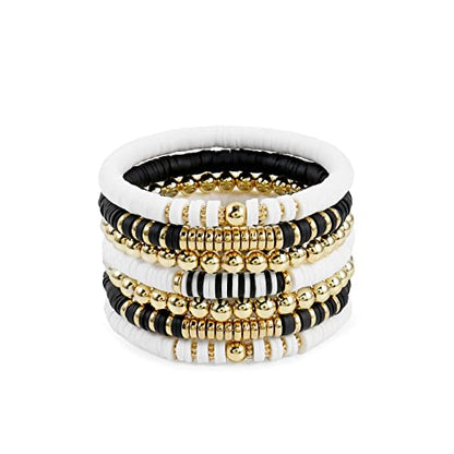 Elegance 11 designs Heishi Beaded Bracelets For Women Polymer Clay Colorful Surfer Stackable Beads Boho Bracelet Summer Beach Jewelry - color: Black And White
