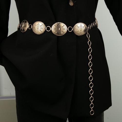 ILuvatar Western Metal Concho Belt for Women Cowgirl Waist Chain for Women Dress Pants Adjustable - color: Gold-s49