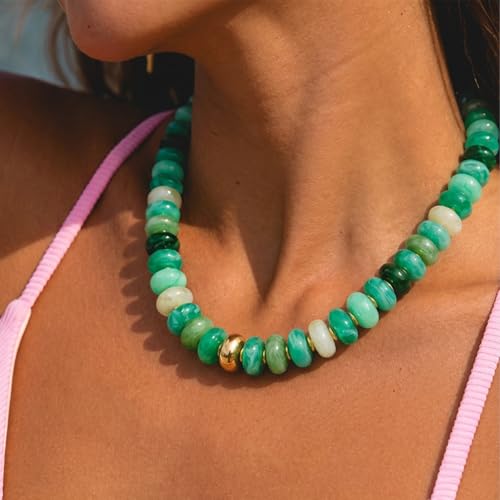 Beaded necklace for Women Boho Bead Gemstone Chunky Necklace Big Bead Necklace Fashion Trendy Summer Necklaces Jewelry Gifts - color: Gradient Green&GD Beaded