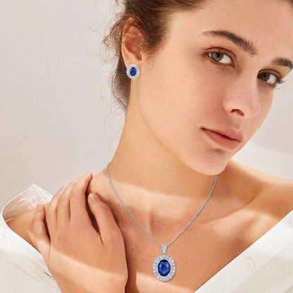 Cubic Zirconia Necklace and Earrings Set for Women 14K White Gold Plated Bridesmaid Silver Jewelry Set for Women Pendant Necklace Hypoallergenic Stud Earrings Set Jewellery Gift for Mom Wife Bride Bridesmaid - color: Sapphire Blue-Oval Shape