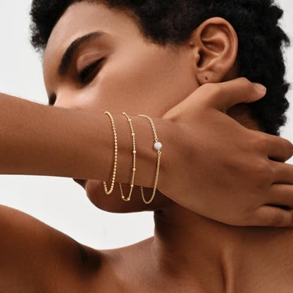 MEVECCO Dainty Chain Bracelets for Women, Layered and Charm Styles | 14K Gold Plated Brass, Select Cubic Zirconia Accents, Single and Multi-Row Structures for Refined Everyday Wristwear - style: Pearl