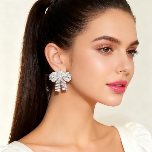 Rhinestone Earrings Dangling for Women Sparkly Silver Dangle Earrings Girls Long Chandelier Earrings Tassel Lightweight Ear Studs Cubic Zirconia (KE001S-W) - color: Bow BXE013S
