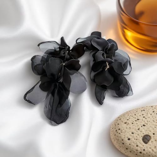 Handmade Bohemian Lightweight Fabric Flower Dangle Drop Earrings Chic Pearl Large Tassel Petal Stud Earrings For Women - color: Black