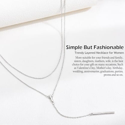 EPIRORA Layered Necklaces for Women, 16” & 20“ Double-Layer Lariat Necklace | 14k Gold/Silver Plated Long Necklaces for Women Trendy Layered Bar Pendant Drop Necklace Lariat Y Necklace Prom Jewelry Gifts - color: Silver