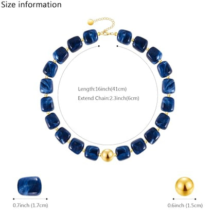VIBILIA Boho Beaded Chunky Statement Necklace for Women Y2K Summer Jewelry | Boho Handmade Large Resin Bead Strand, Trendy Statement Summer Vacation Holiday Jewelry - color: Square-Navy blue