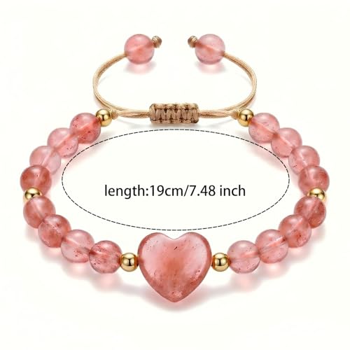 Heart Crystal Bracelet,Natural Gemstone Healing Bead Bracelet | Handmade Jewelry Gifts for Women Men,Graduation Gift for Her - color: Strawberry Red Bracelet