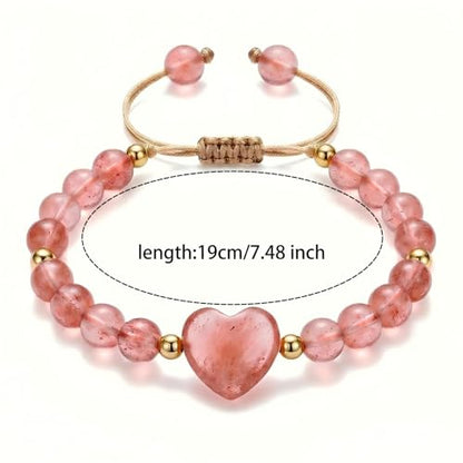Heart Crystal Bracelet,Natural Gemstone Healing Bead Bracelet | Handmade Jewelry Gifts for Women Men,Graduation Gift for Her - color: Strawberry Red Bracelet