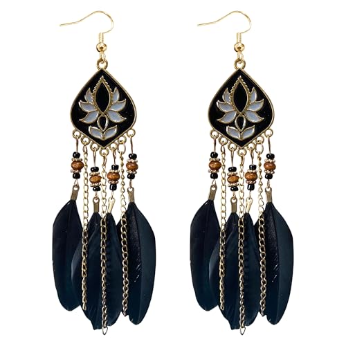 Long Tassel Feather Earrings for Women Handmade Vintage Bohemian Multicolor Tassel Feathers Dangle Drop Earrings Jewelry - color: black