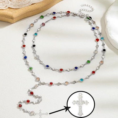 Colorful Crystal Long Necklace for Women Dainty Boho Y-Shaped Color Bead Necklaces Sparkly Rhinestone Pendant Layered Gold Long Chain Choker Good Luck Trend Jewelry Gift Jewelry - color: Cross+Double Silver
