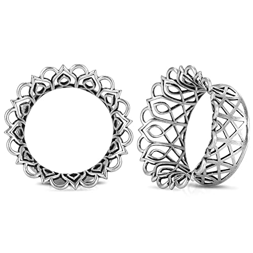 PUNKYOUTH 2PCS Ear Gauges Plugs Hollow Floral Single Flared Tunnels Fashion Expander Stretcher Piercings Brass Gauge Earrings 2g-1" - color: #1 Silver, size: 5/8"-16mm