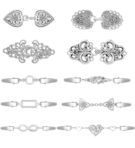 Akeoqi 10Pcs Vintage Sweater Shawl Clips Retro Cardigan Swirl Cape Cloak Collar Clasps Hearts Flowers Geometric Patterns Brooches Dress Jackets Shirt Waist Cincher for Women Men Silver Plated