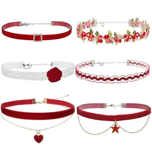 Nova&Aria Chokers Set For Women Heart Choker Necklaces Flower Pendant Velvet Cute Pink Turquoise Blue White Black Choker Necklace Christmas Colorful Lace Chokers - color: Red-A
