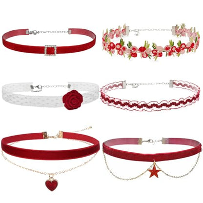 Nova&Aria Chokers Set For Women Heart Choker Necklaces Flower Pendant Velvet Cute Pink Turquoise Blue White Black Choker Necklace Christmas Colorful Lace Chokers - color: Red-A