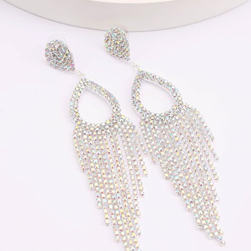 BaubleStar Rhinestone Teardrop with Long Tassel Earrings Sparkly Dangle Earrings for Women - color: Silver