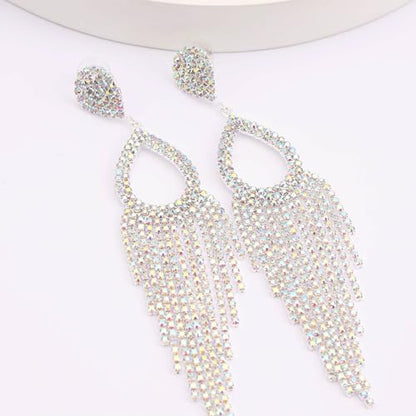 BaubleStar Rhinestone Teardrop with Long Tassel Earrings Sparkly Dangle Earrings for Women - color: Silver