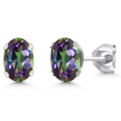 Gem Stone King Oval Gemstone Birthstone Stud Earrings for Women Men | Oval Cut 7X5MM | Fine Jewelry Gifts for Mom Dad Wife Him Her - style: Green Mystic Topaz