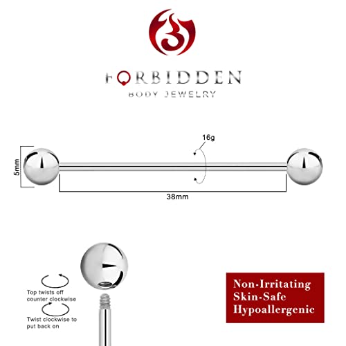 Forbidden Body Jewelry nipple barbell, nipple bars, silver nipplerings piercing Surgical Steel 8g - 18g Straight Barbell Body Jewelry (Sold Individually) - style: 16G 38mm (1.5") 5mm Balls