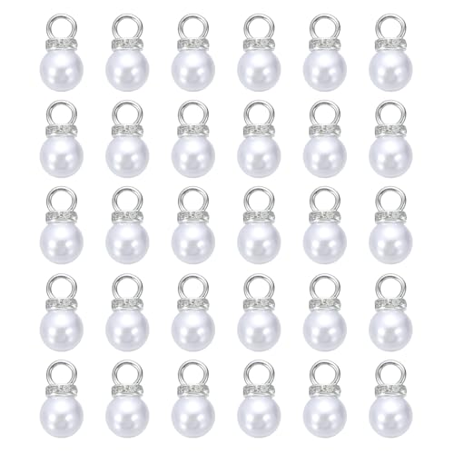 MECCANIXITY 100Pcs Imitation Pearl Pendant 10mm Faux Pearl Beads with Rhinestone for Dangle Jewelry Making Earrings Necklace Bracelets Crafts, White - color: White