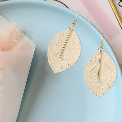 GBAHFY Feather Leather Layered Fringe Earrings for Women Boho Genuine Lightweight Leather Leaf Tassel Dangle Statement Earrings with Metal Bar - color: Beige