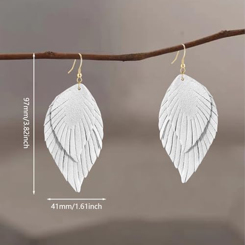 Genuine Leather Handmade Fringe Feather Lightweight Dangle Drop Earrings Teardrop Tassel Hook Earrings for Women - style: 1 White