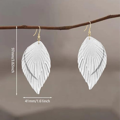 Genuine Leather Handmade Fringe Feather Lightweight Dangle Drop Earrings Teardrop Tassel Hook Earrings for Women - style: 1 White